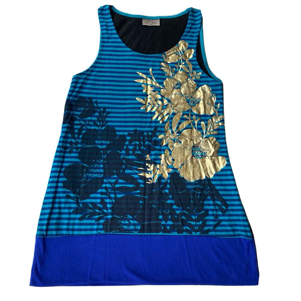 Ella J Womens Sz M Tank Top Tunic Black Blue Gold Casual Summer Fun Floral Dress